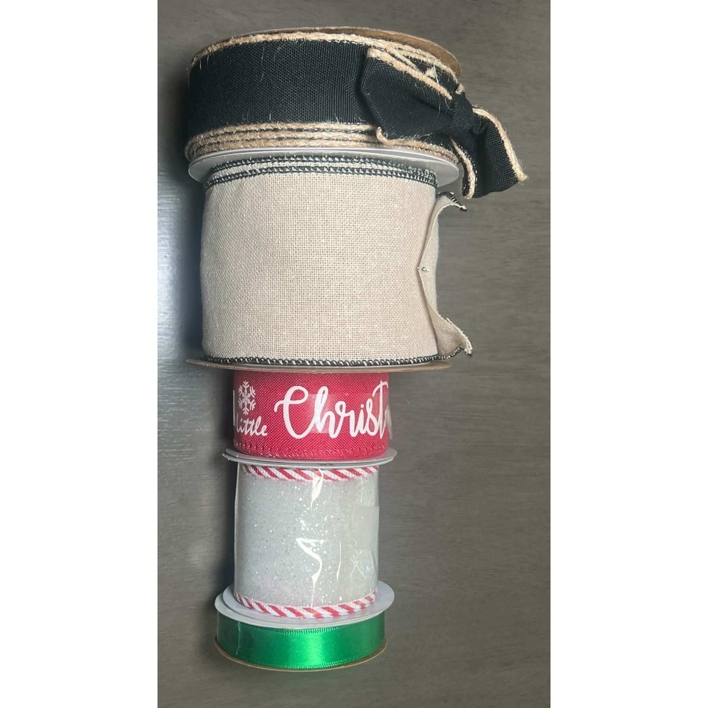 Holiday Ribbon Lot Offray Christmas Burlap Glitter Satin Red Green Black 5 Spool